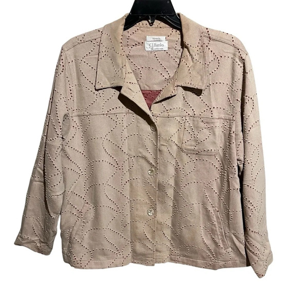 CJ Banks Shirt Jacket Womens Size 1X Beige Red Preppy Stretch - Picture 1 of 8